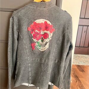 Angry Blossom Gray Jacket with Skull and Floral Design on back.